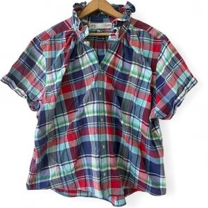 KMJ Madras Plaid Button Front Short Sleeve Top XL